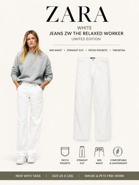 Zara White ZW The Relaxed Worker Jeans Size US 6/28 NWT Limited Edition